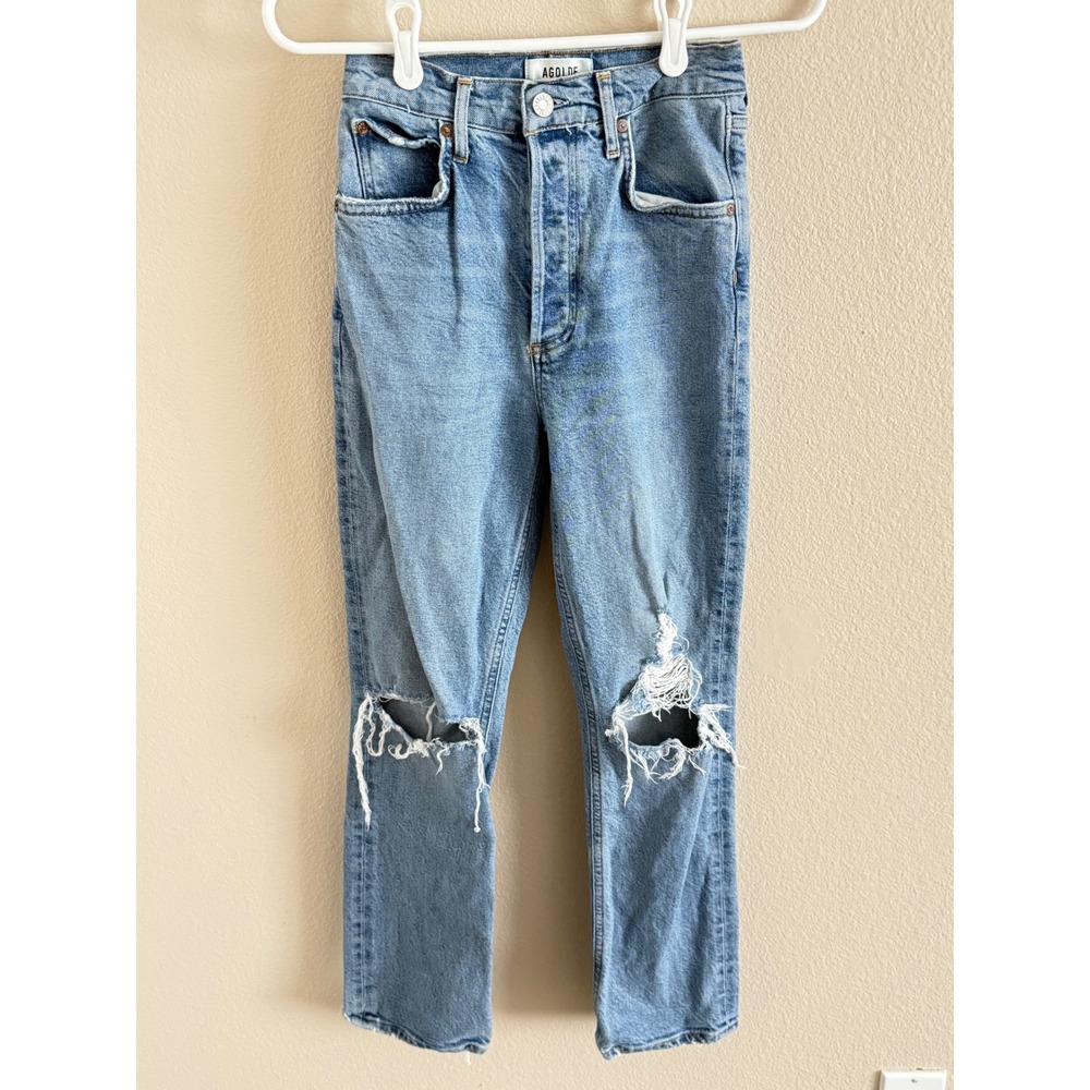 Agolde High Rise Straight Leg Distressed Knees Jeans Light‎ Wash Blue Size 24
